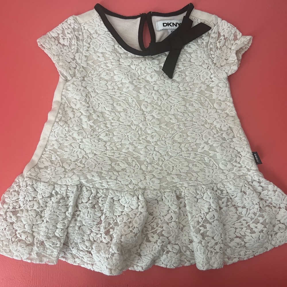 DKNY Kids White Lace Top with Black Bow